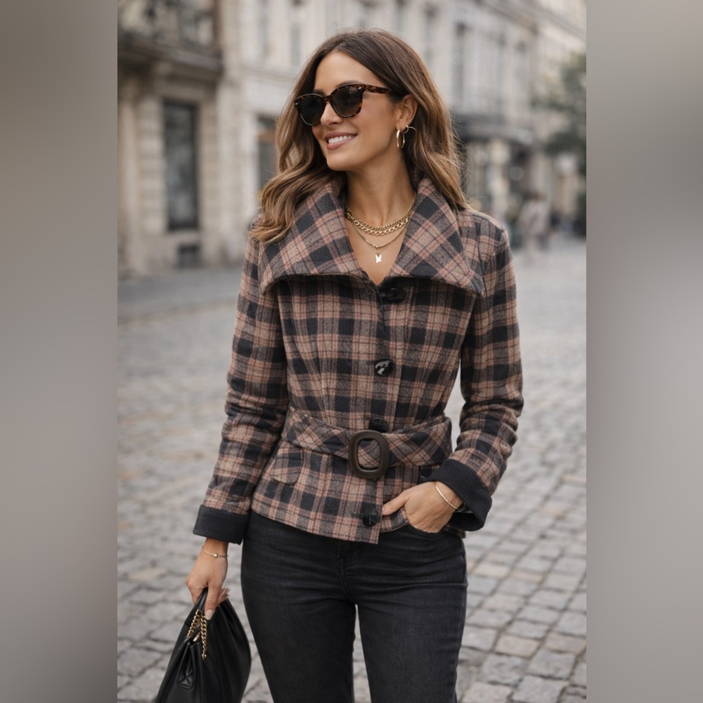Soia & Kyo Fiona Wool Plaid Belted Jacket